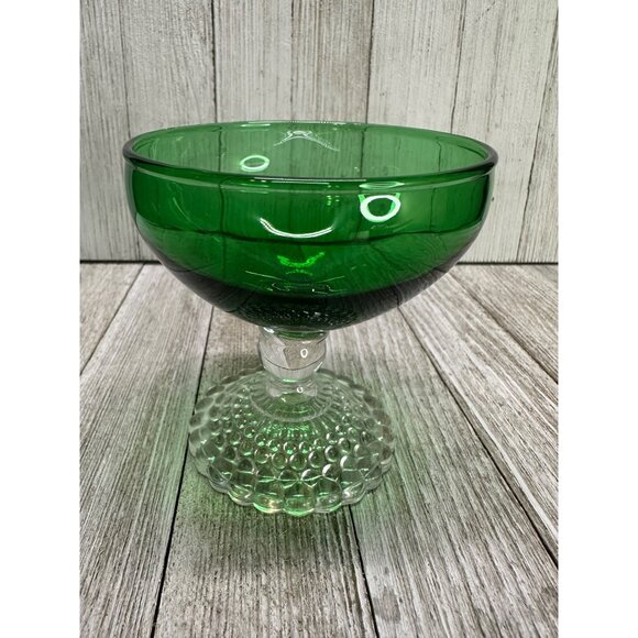 Vtg Anchor Hocking Forest Green Sherbet Clear Bubble Base Set of 5 Champagne - Picture 3 of 12